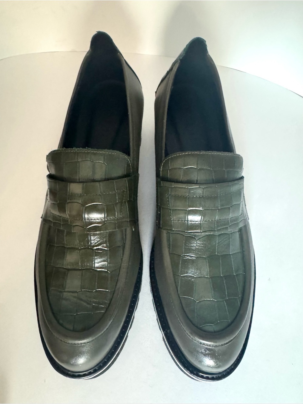 NIB M.Gemi Croc-Embossed Olive Green Leather Lug Sole Italian Loafers US11 - Picture 5 of 13